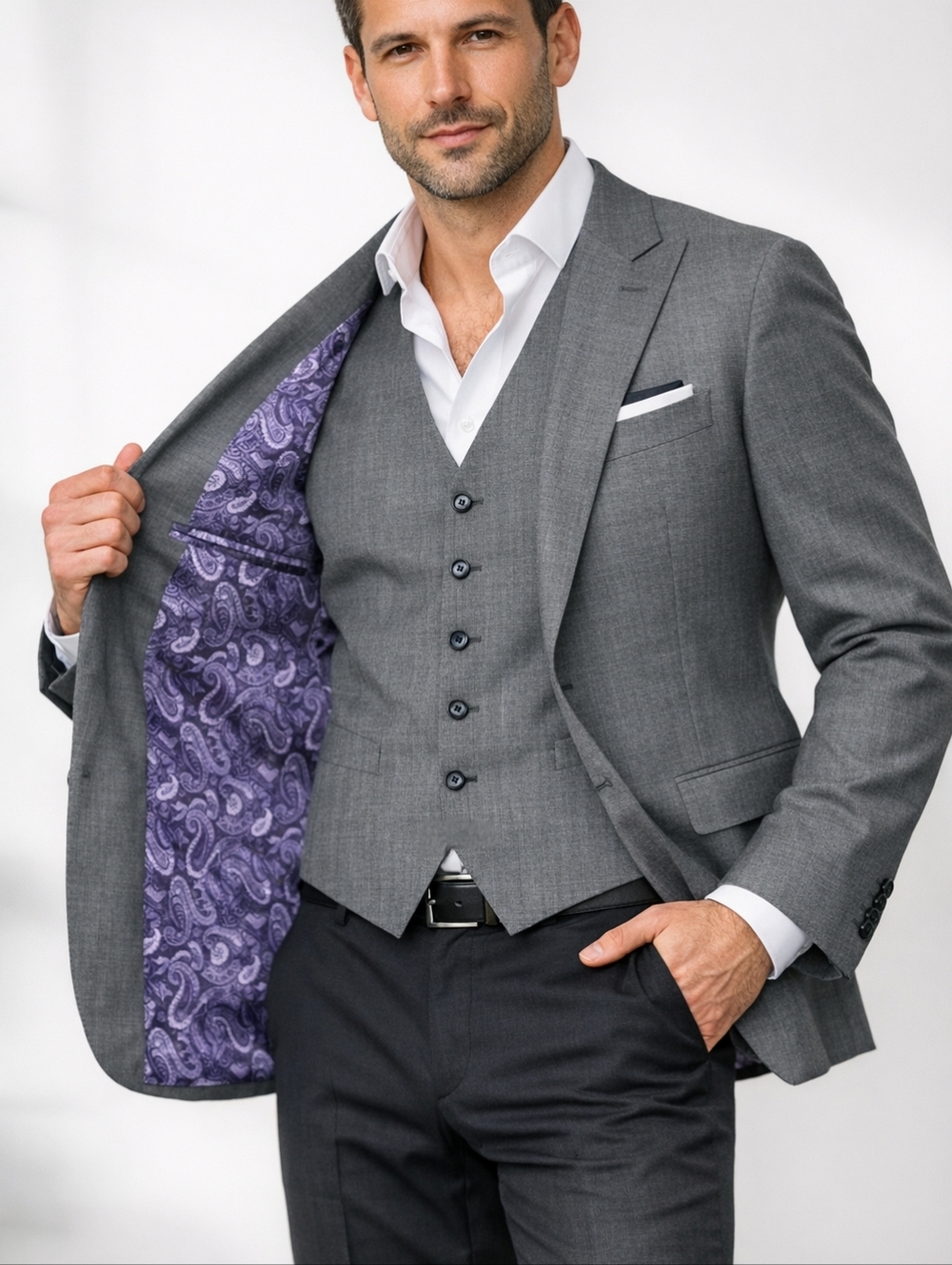 SUITSUPPLY Luxury Blazer & Vest Set Men's 44S Gray VBC Wool Patch Pockets Formal
